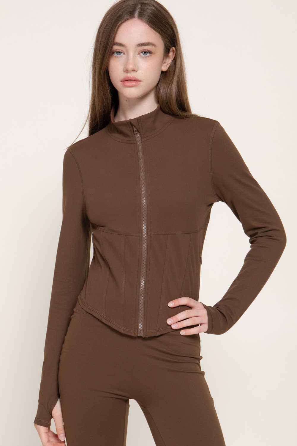 Long Sleeve Mock Neck Corset Workout Jacket with Thumb Holes