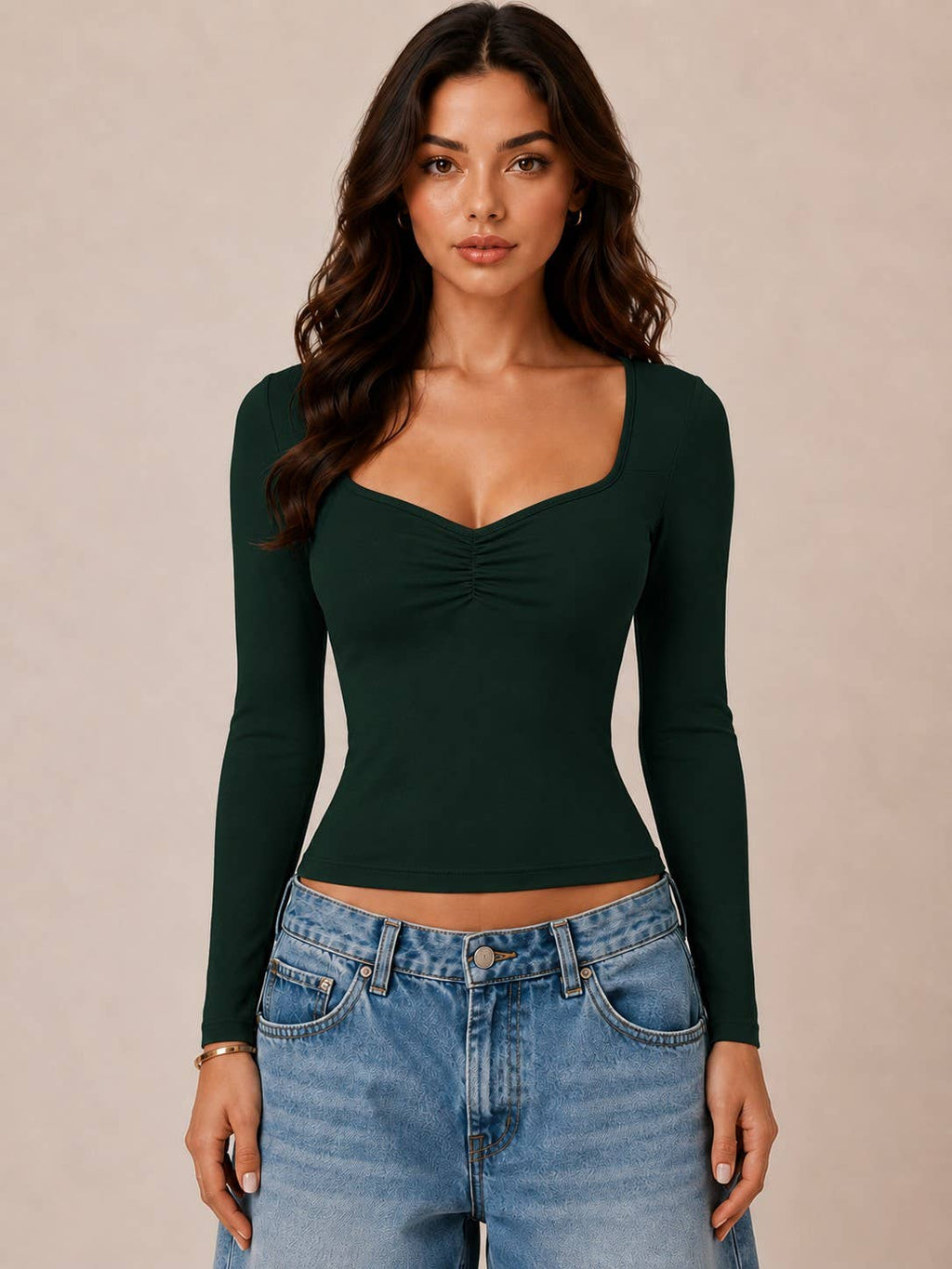 JT56670L - SWEETHEART NECK W/RUCHED LONG SLEEVE TOP