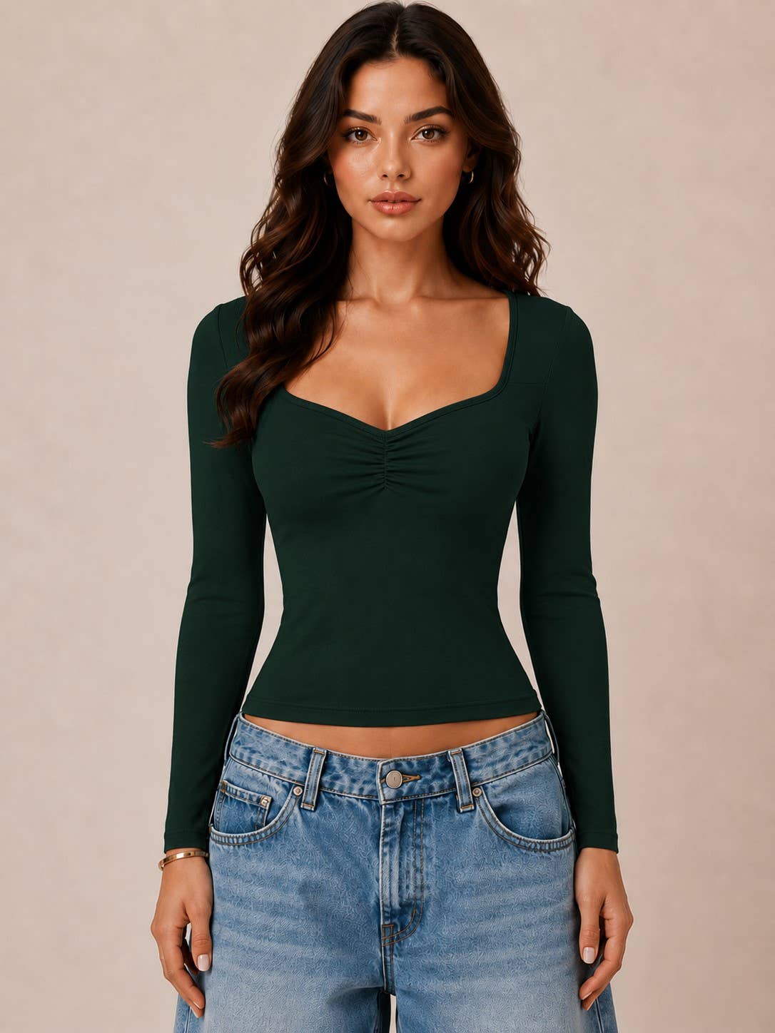 JT56670L - SWEETHEART NECK W/RUCHED LONG SLEEVE TOP