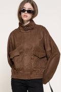 High Neck with Tab Front Patch Pocket Faux Suede Jacket