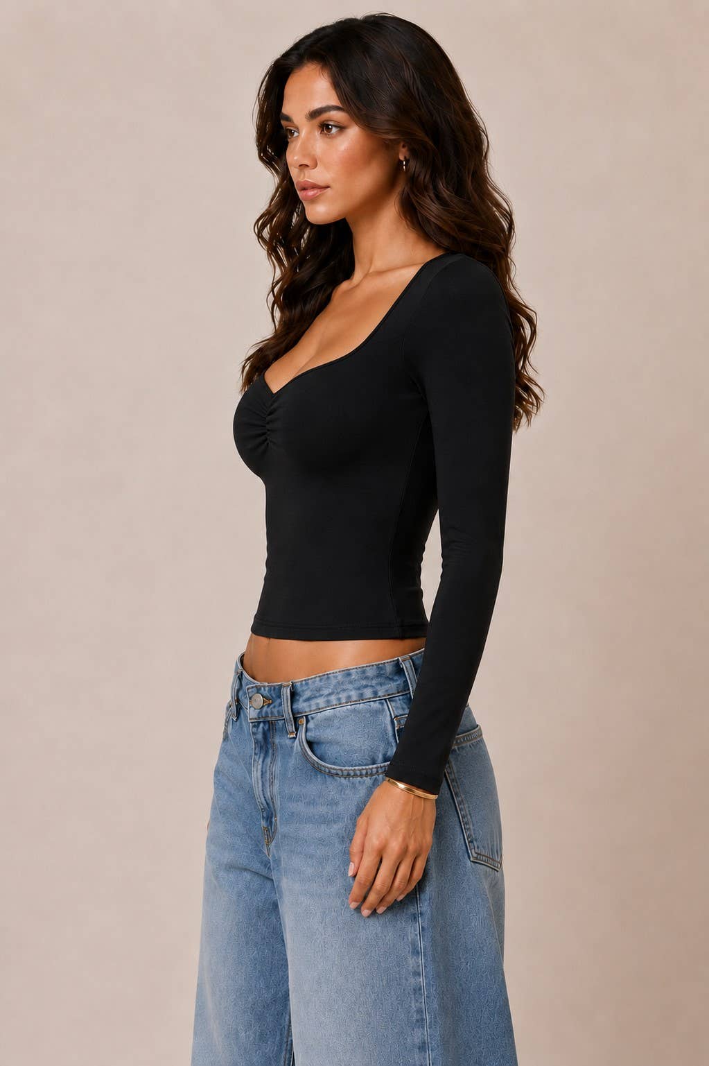 JT56670L - SWEETHEART NECK W/RUCHED LONG SLEEVE TOP
