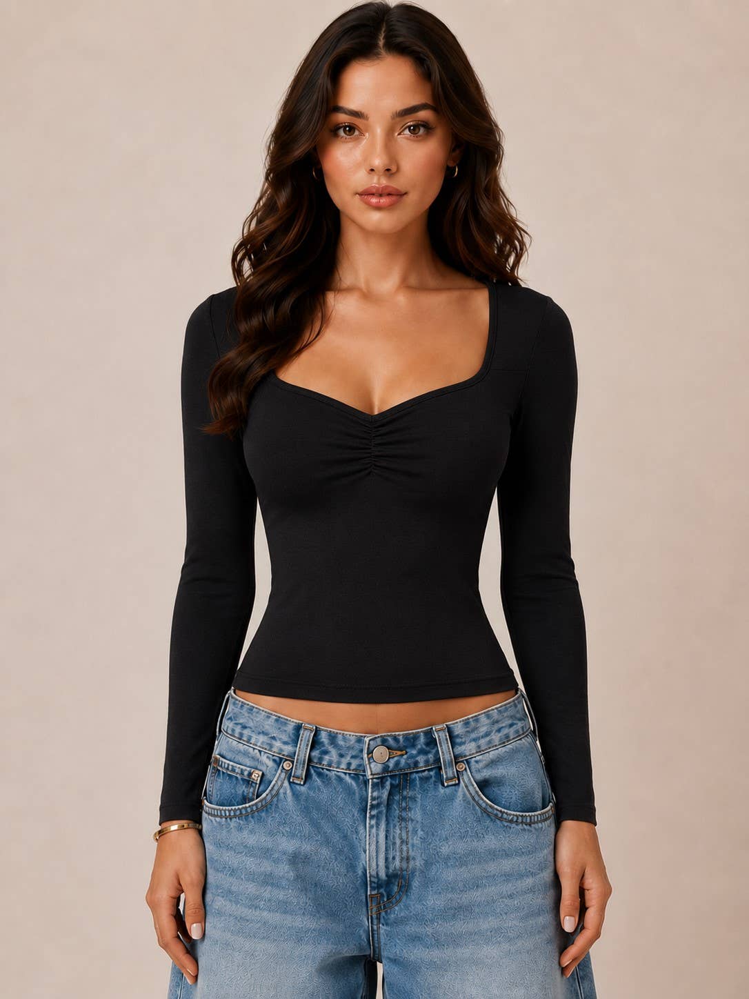 JT56670L - SWEETHEART NECK W/RUCHED LONG SLEEVE TOP