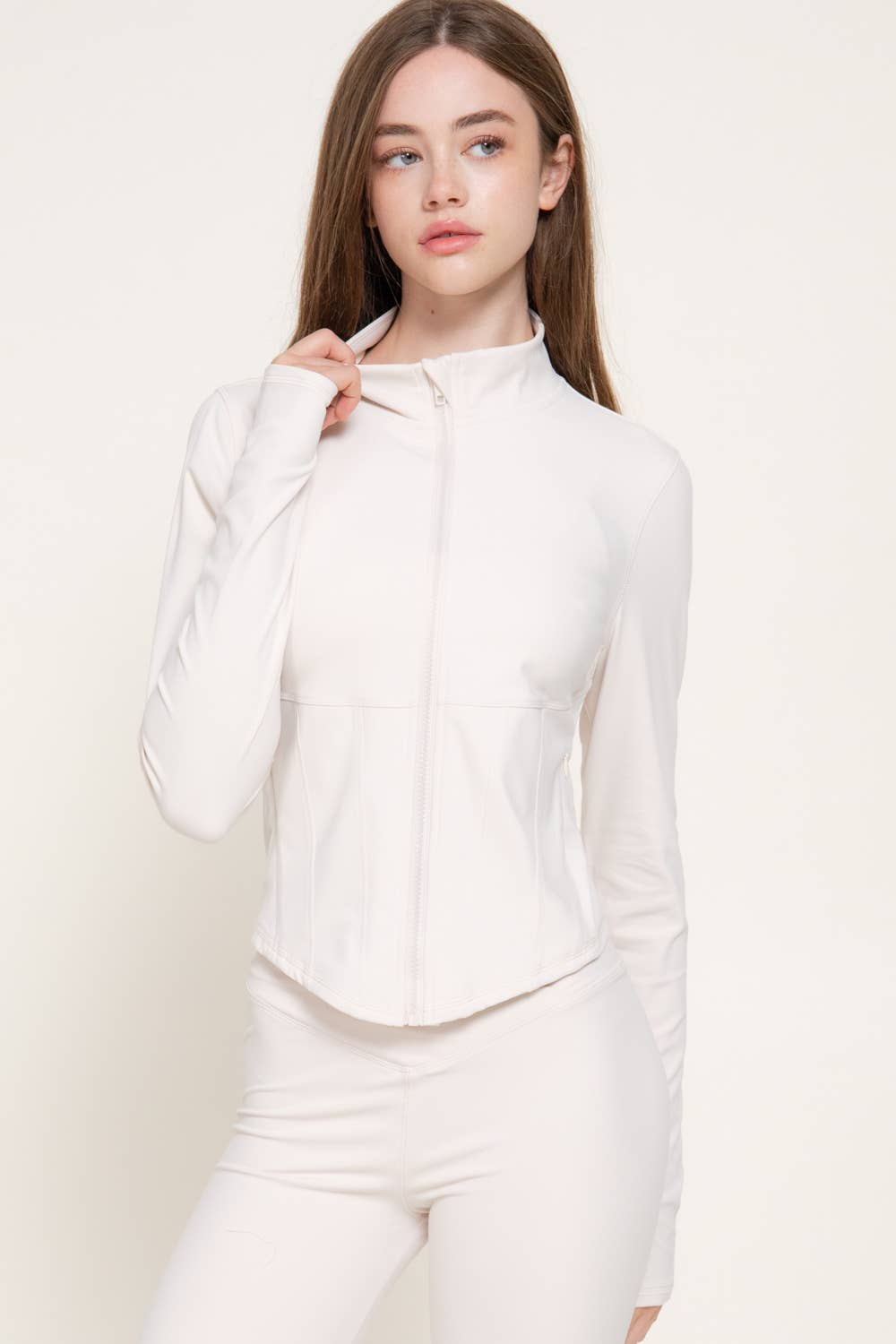 Long Sleeve Mock Neck Corset Workout Jacket with Thumb Holes