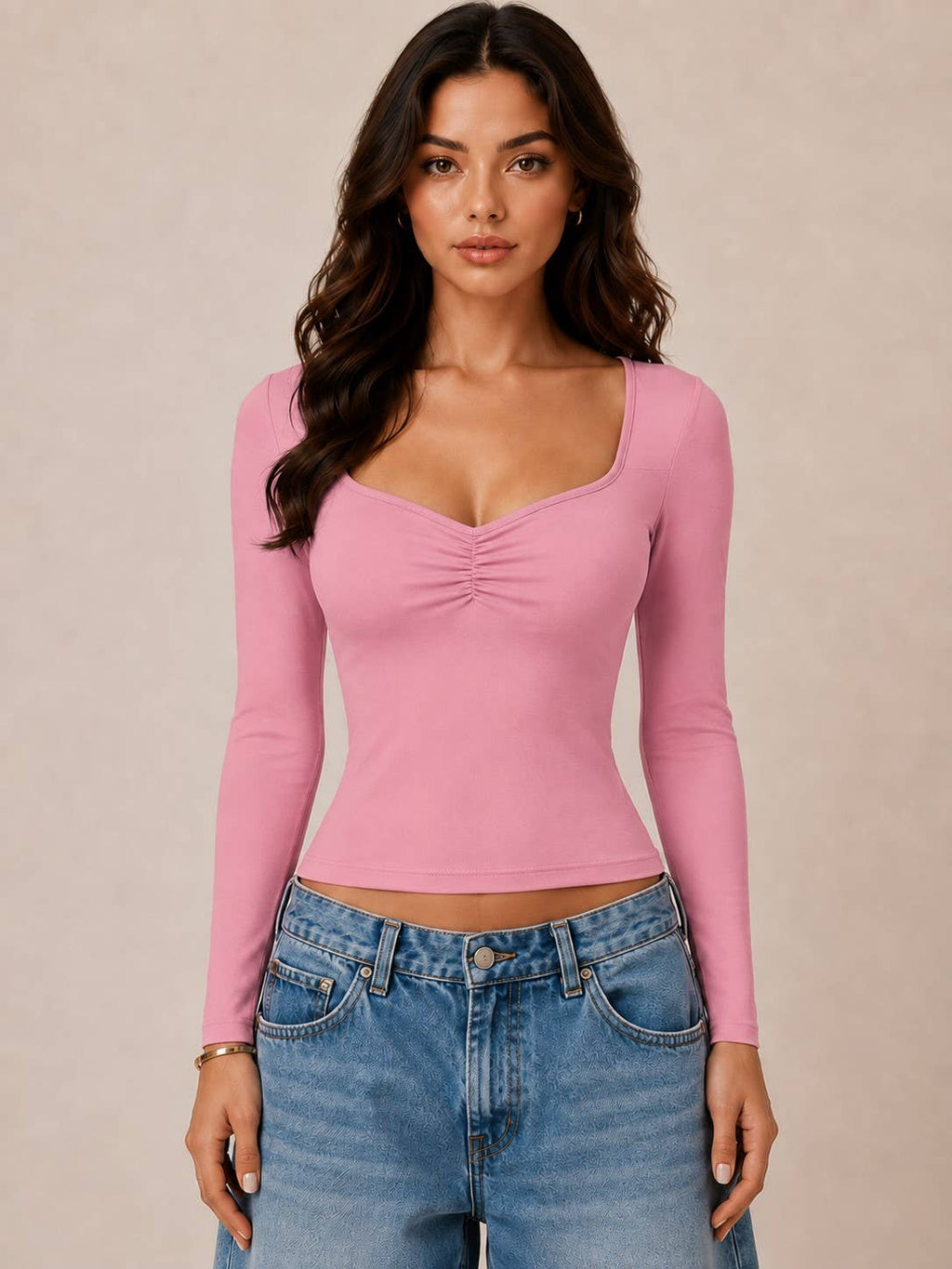 JT56670L - SWEETHEART NECK W/RUCHED LONG SLEEVE TOP