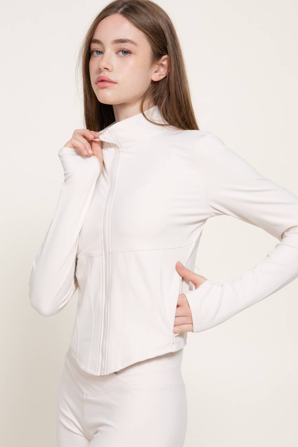 Long Sleeve Mock Neck Corset Workout Jacket with Thumb Holes