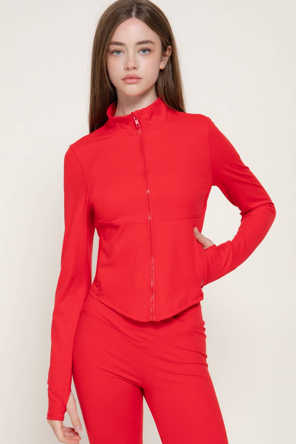 Long Sleeve Mock Neck Corset Workout Jacket with Thumb Holes