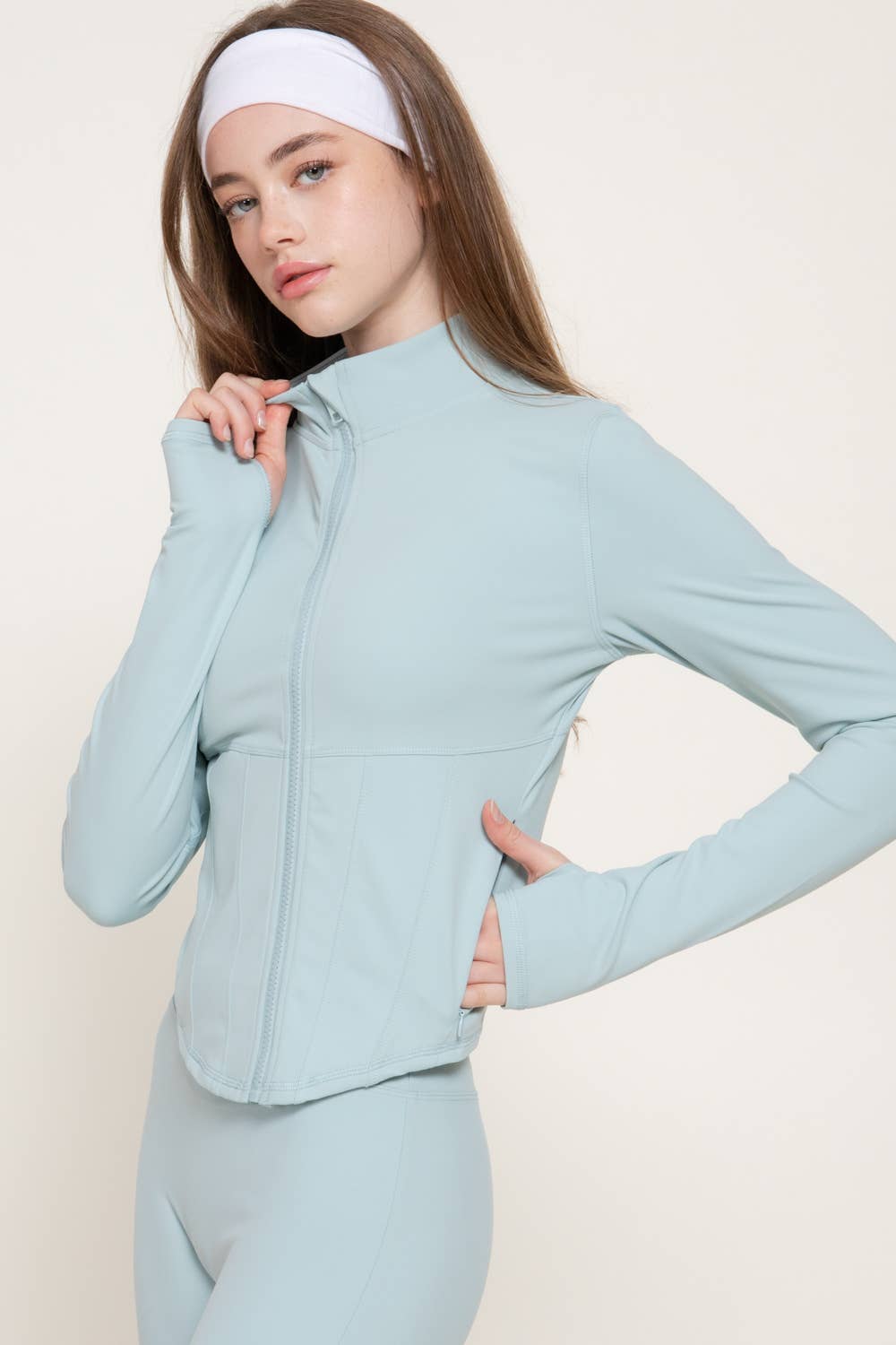 Long Sleeve Mock Neck Corset Workout Jacket with Thumb Holes