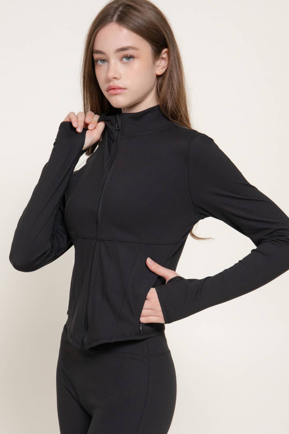 Long Sleeve Mock Neck Corset Workout Jacket with Thumb Holes
