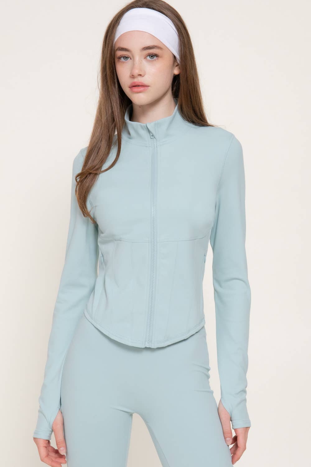 Long Sleeve Mock Neck Corset Workout Jacket with Thumb Holes