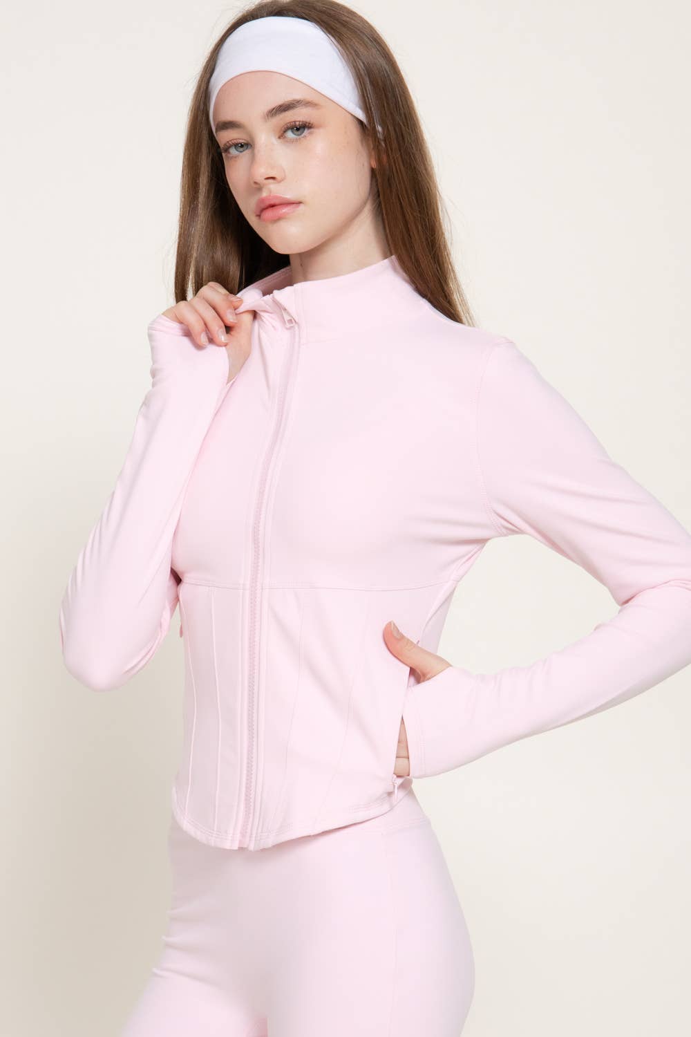 Long Sleeve Mock Neck Corset Workout Jacket with Thumb Holes