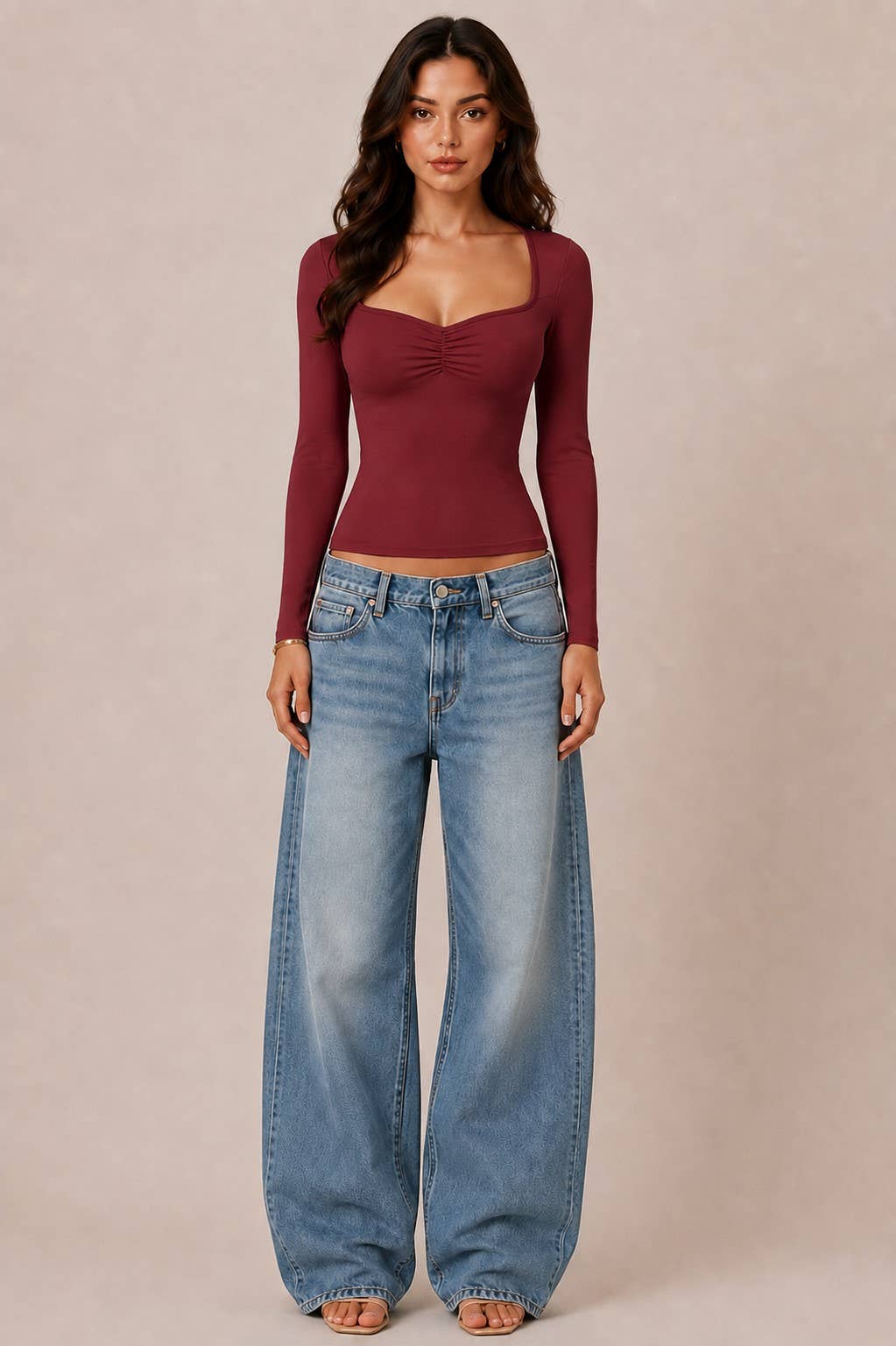 JT56670L - SWEETHEART NECK W/RUCHED LONG SLEEVE TOP