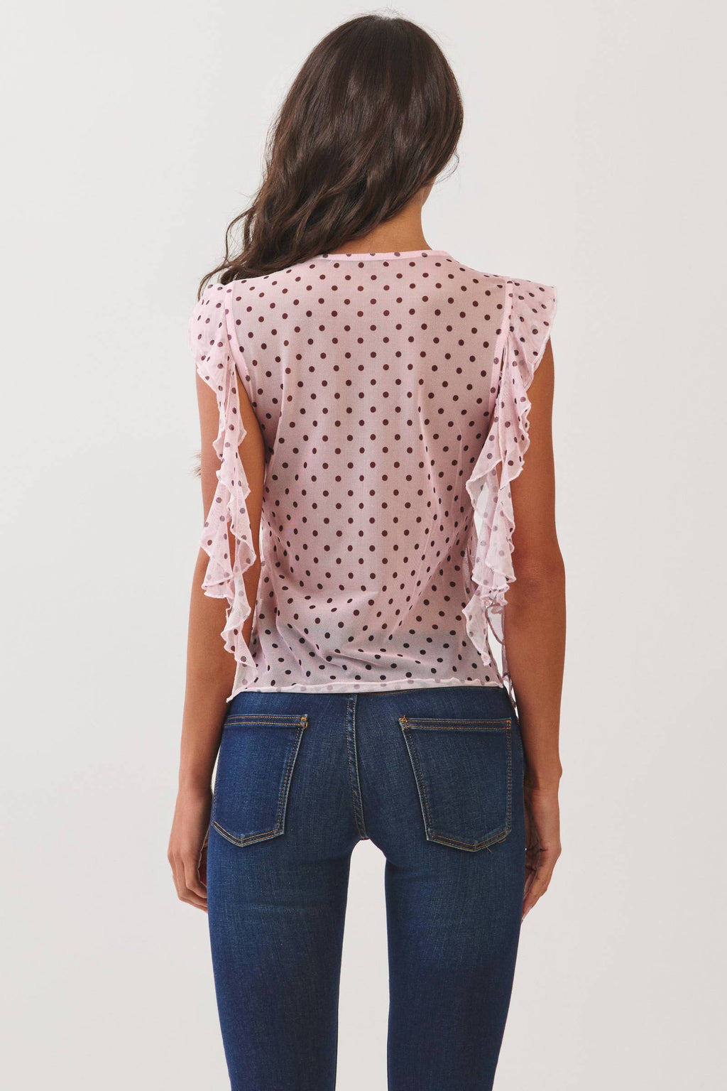 LK57549P - V NECK W/LACE TRIM AND RUFFLE TANK TOP